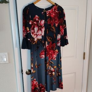 Roz & Ali Floral Long Sleeve Dress - Blue and Red A-23